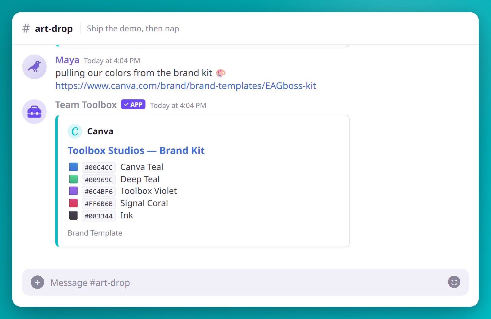 A pasted brand-kit link unfurls into a Canva embed listing each brand color as a swatch with its hex code and name.
