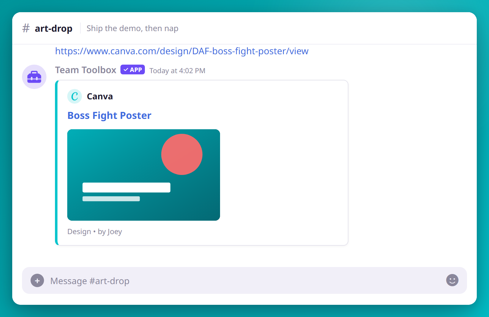 A pasted Canva design link unfurls into a full-size preview embed in Discord, titled Boss Fight Poster with a cover image.