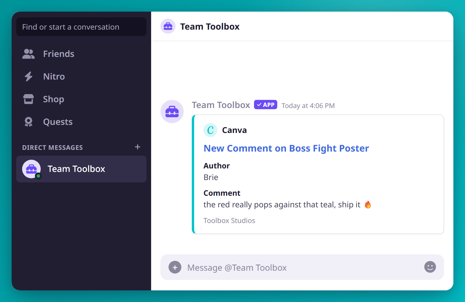 Team Toolbox posts a Canva notification embed in Discord: New Comment on Boss Fight Poster, with the comment author and message.