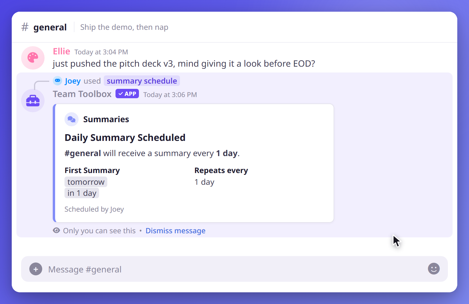 Running /summary schedule shows an ephemeral confirmation embed with the channel and cadence.