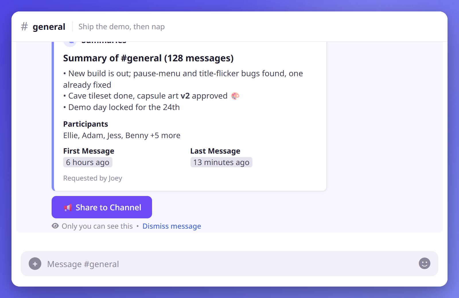 An ephemeral summary embed listing key points, participants, and message range, with a Share to Channel button.