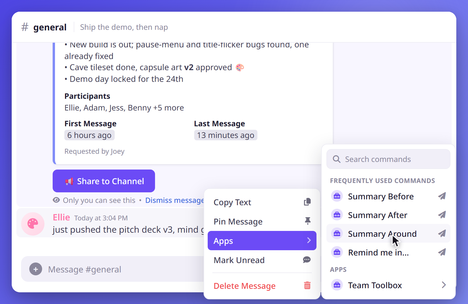 Right-clicking a message and opening the Apps menu reveals Summary Before, Summary After, and Summary Around commands.