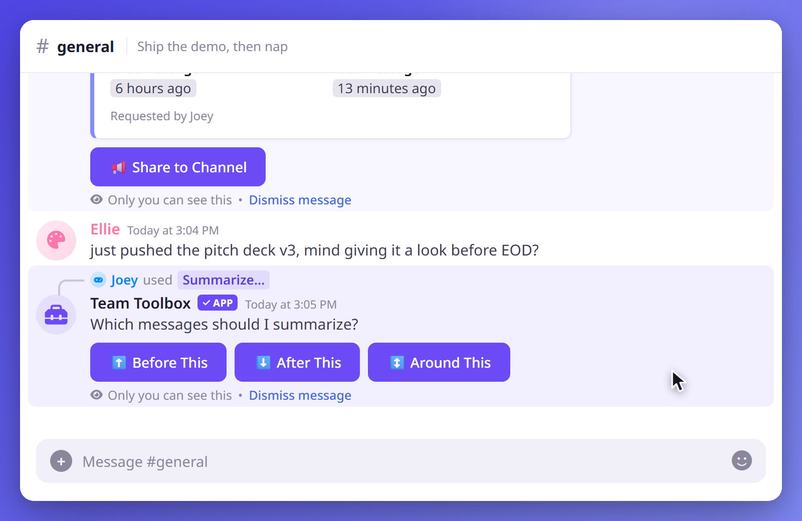 Choosing Summarize... replies privately with Before This, After This, and Around This buttons.