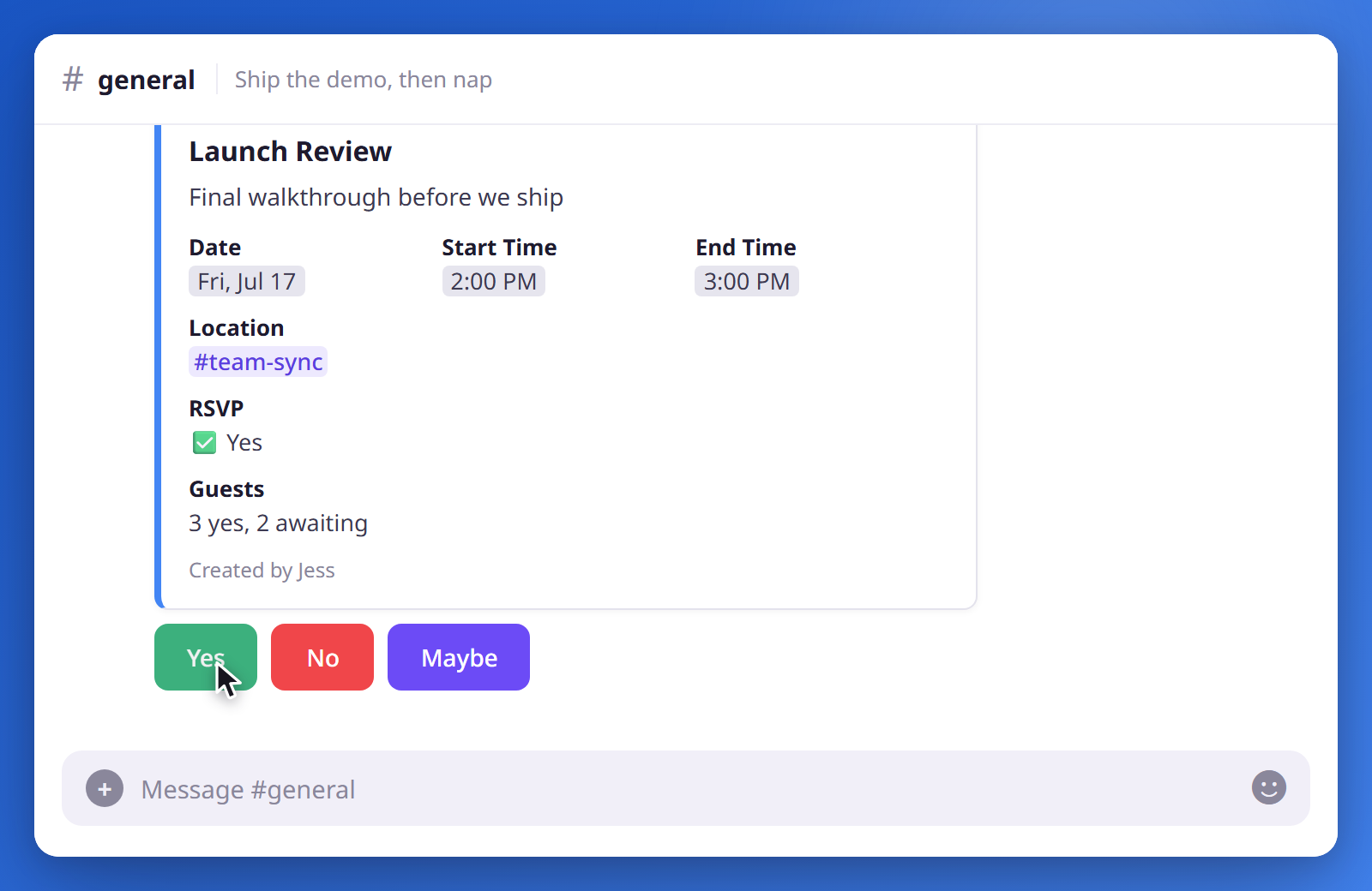 A subscribed channel receives a Google Calendar event embed with Date, Start Time, End Time, and RSVP buttons.