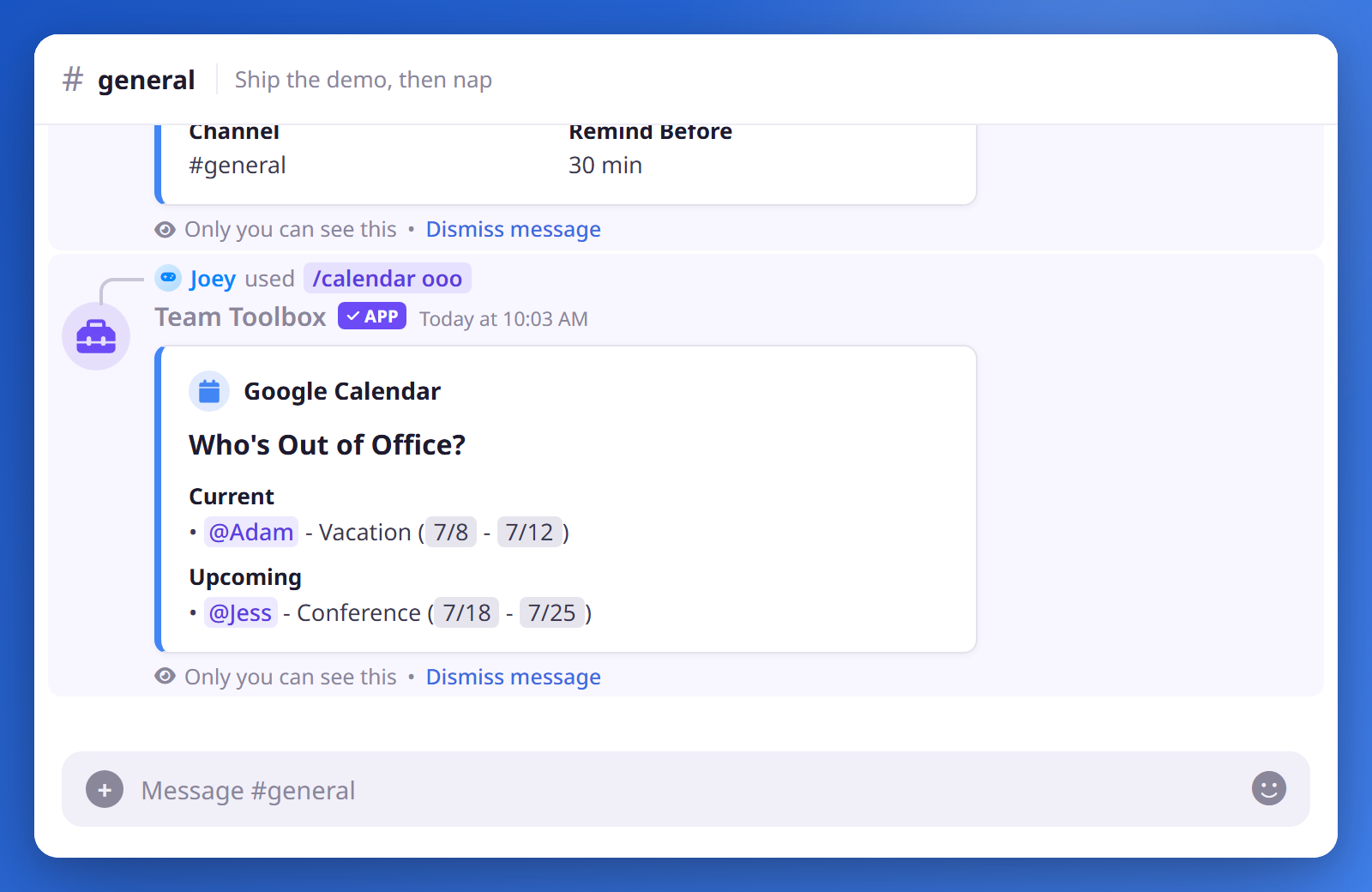 Running /calendar ooo shows an ephemeral embed listing who is currently and upcoming out of office.