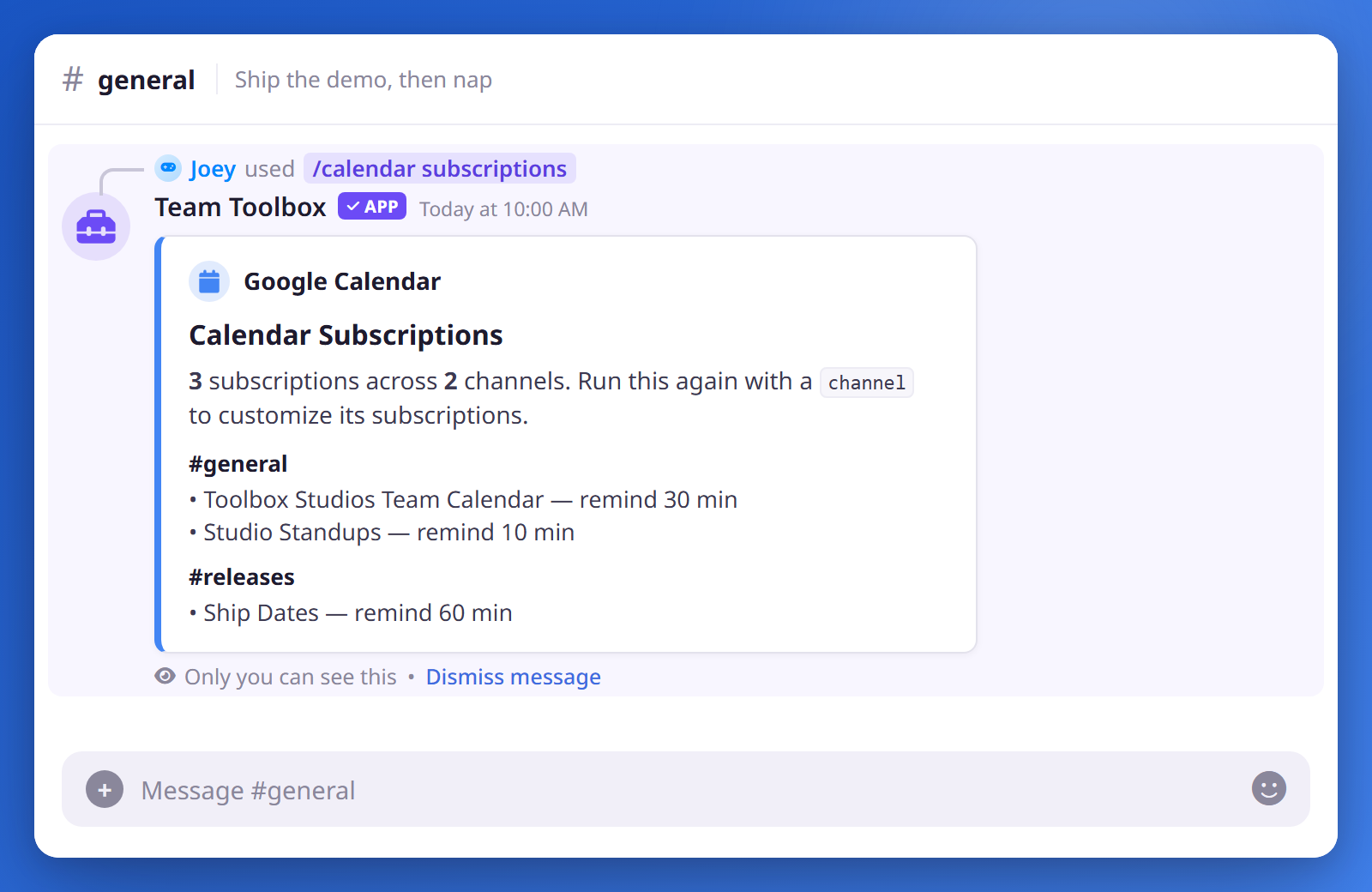 Running /calendar subscriptions shows one ephemeral embed listing each channel and the calendars it follows, with each calendar's reminder time.