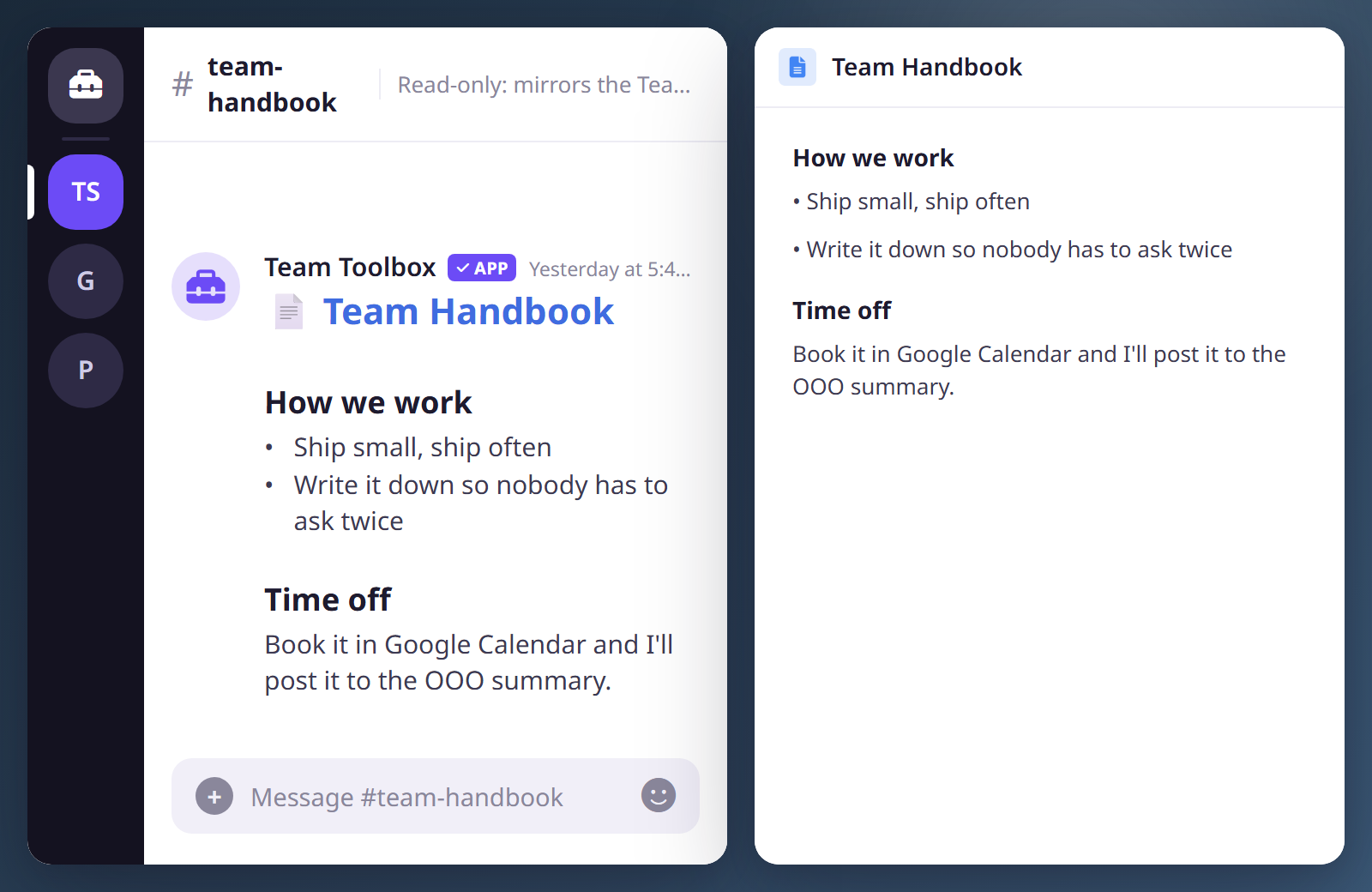 A Discord channel mirroring a Google Doc team handbook side by side, with matching headings and bullet lists, kept in sync by Team Toolbox.