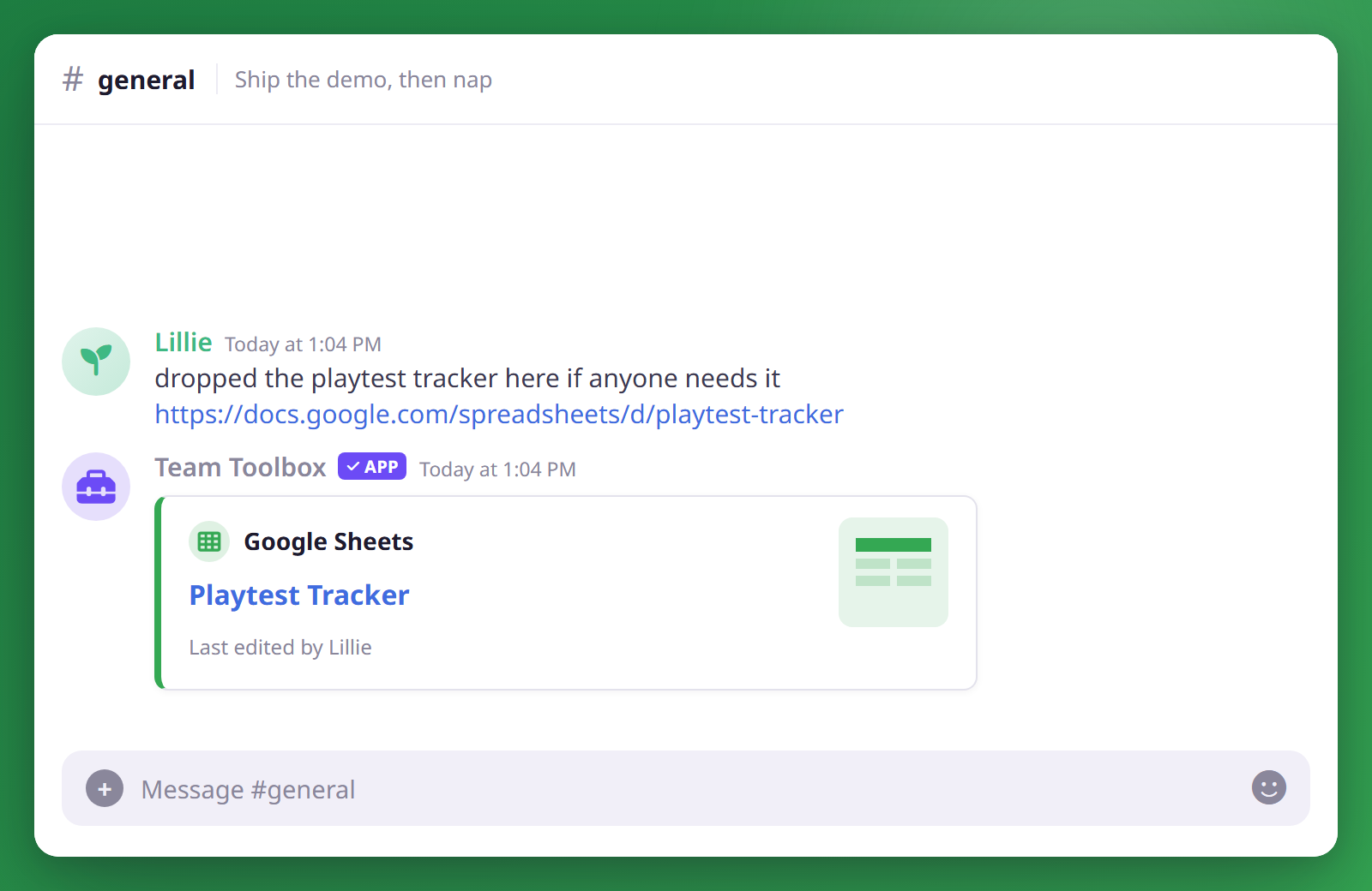 A pasted Google Sheets link unfurls into a rich preview embed in Discord with a thumbnail and last-edited footer.