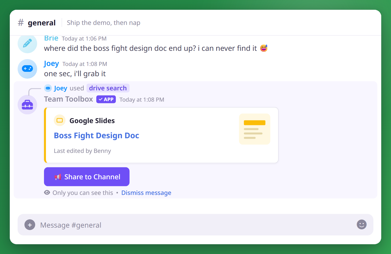 Running /drive search returns an ephemeral result embed with a Share to Channel button.