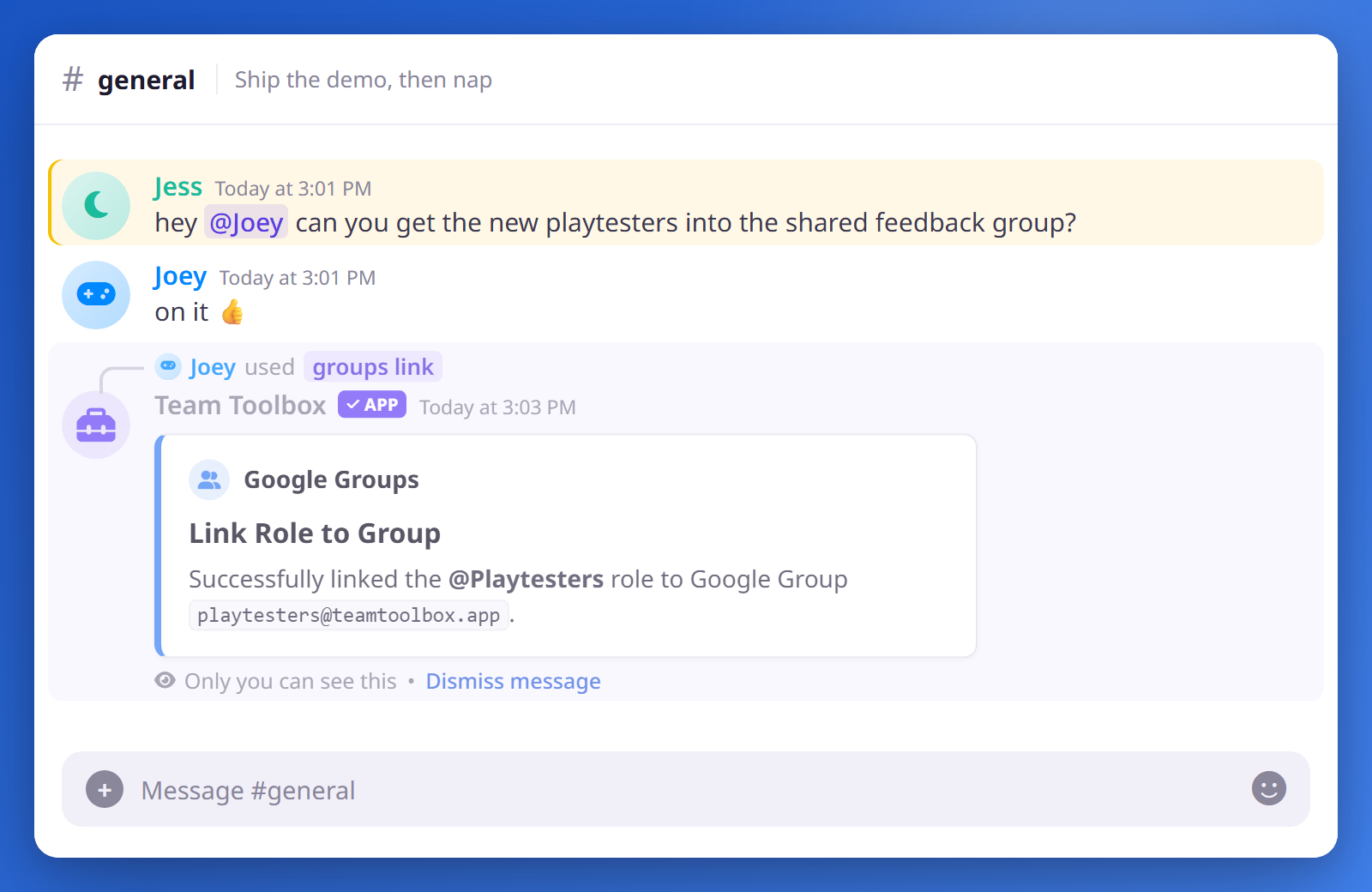 Running /groups link shows an ephemeral confirmation that a Discord role is now synced to a Google Group.