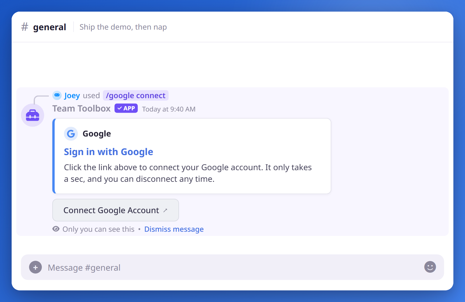 Running /google connect shows an ephemeral 'Sign in with Google' embed with a Connect Google Account button.