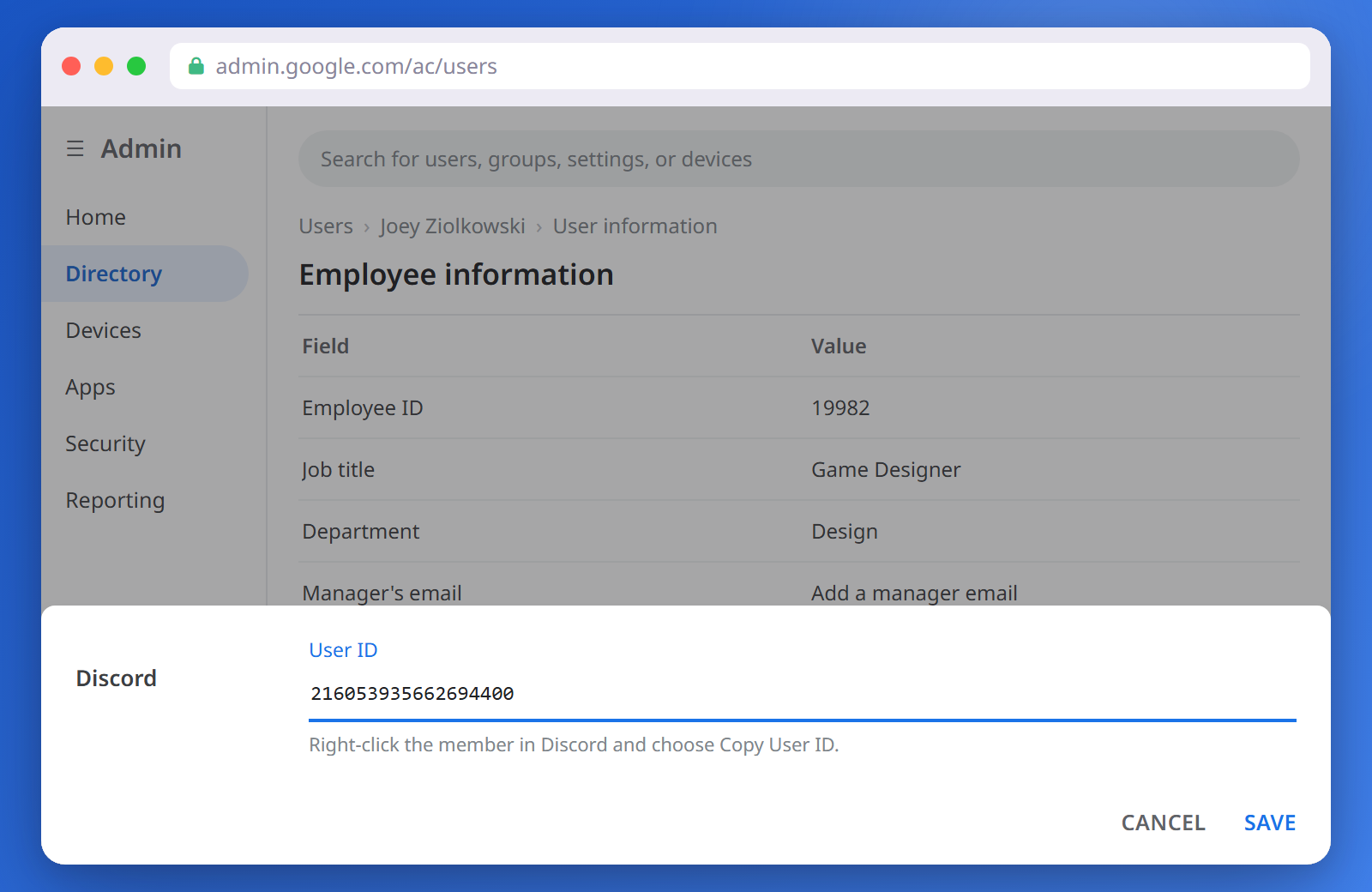 A member's user information page in the Google Admin console, with a Discord User ID field filled in and a Save button.