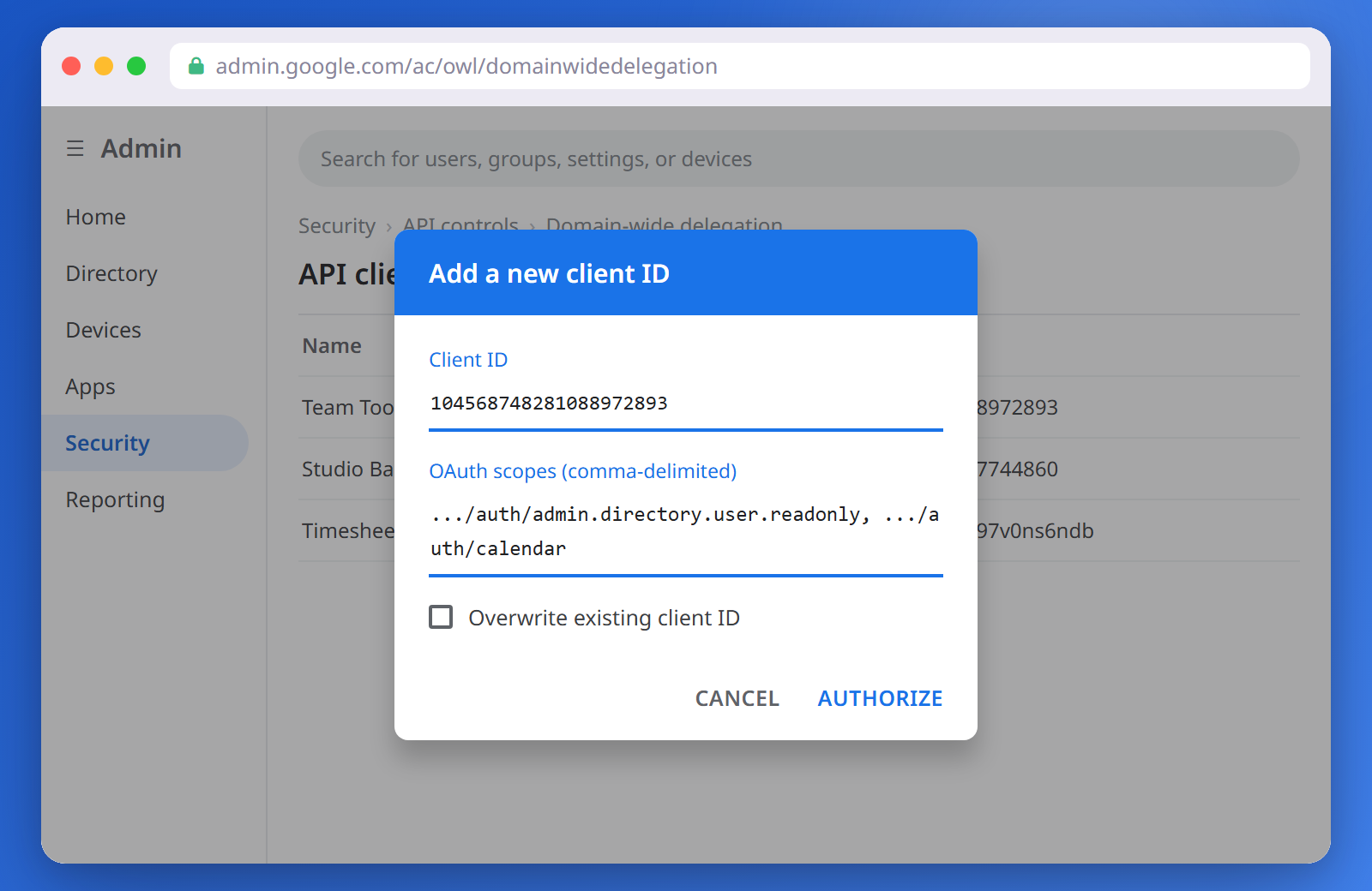 The Add a new client ID dialog in the Google Admin console, with the ID and permissions pasted in and an Authorize button.