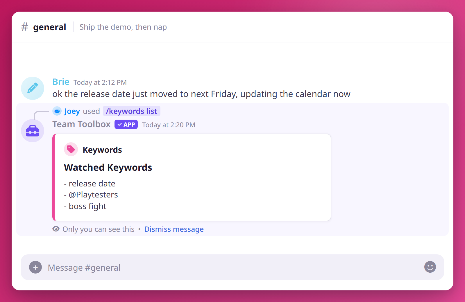 Running /keywords list shows an ephemeral embed listing every keyword you're watching in the server.