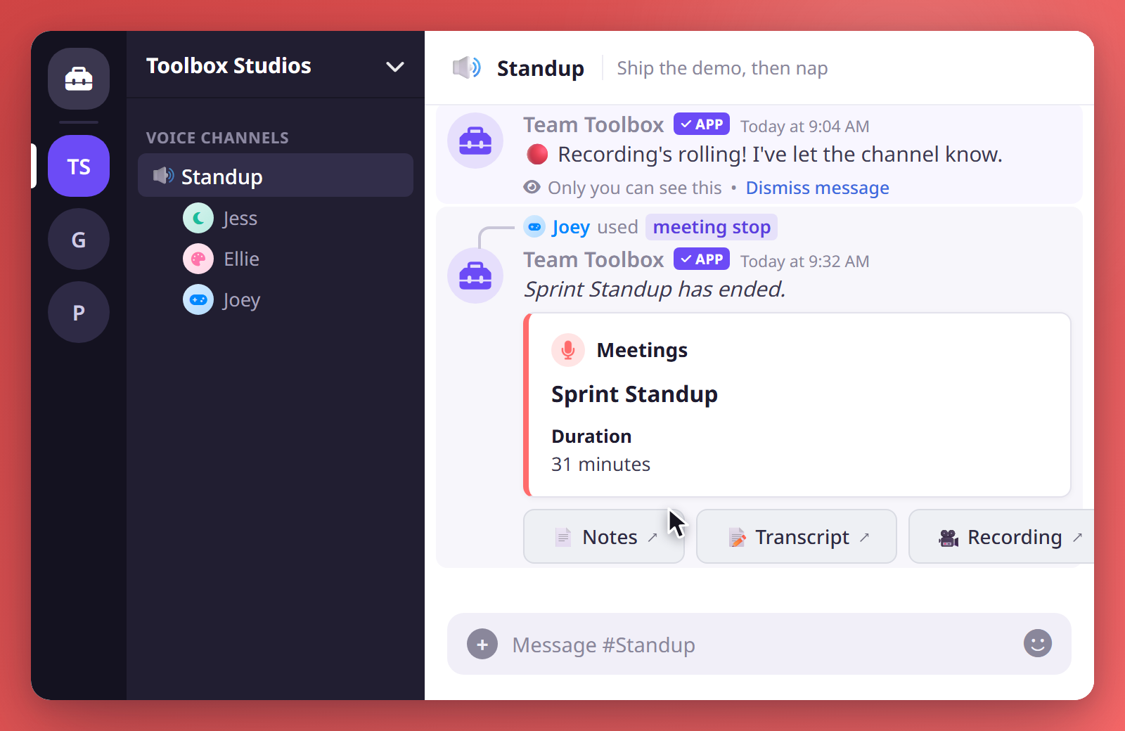 When a meeting ends, Team Toolbox posts a summary embed with Notes, Transcript, and Recording links.