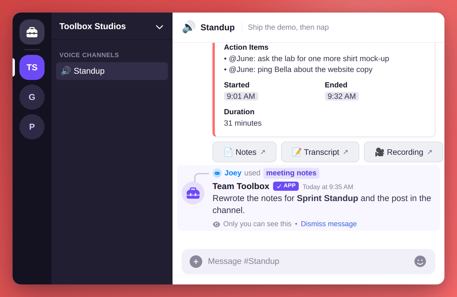 Running /meeting notes with a correction rewrites the notes and edits the summary post in place.