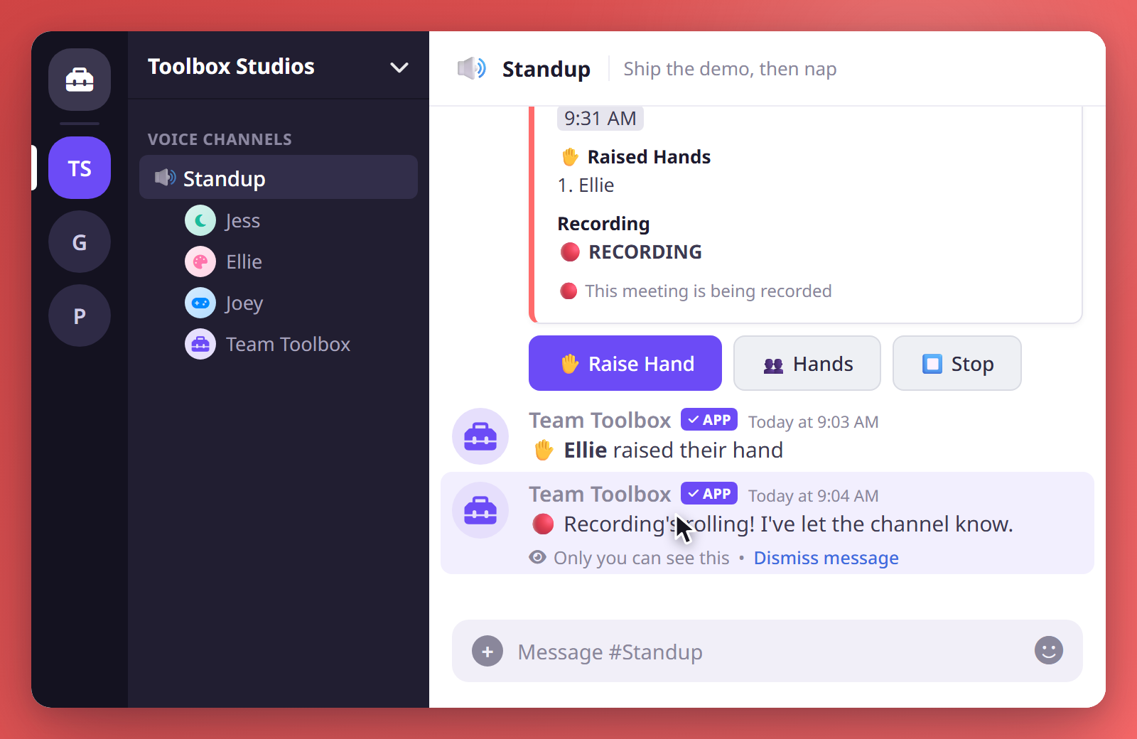 After confirming the recording consent prompt, the meeting embed updates to show it is now recording.