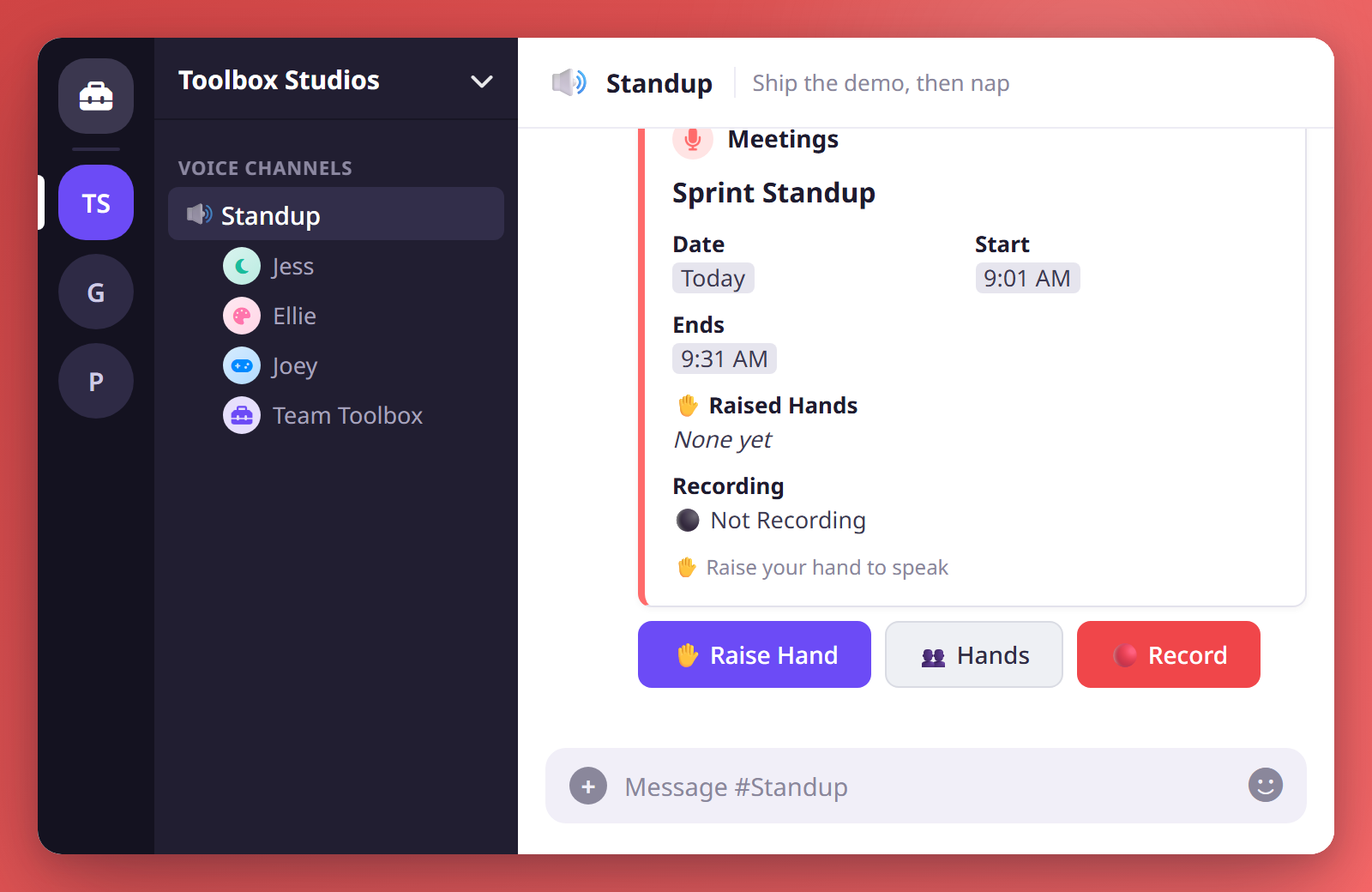 Starting a meeting posts an embed in the voice channel with Raise Hand, Hands, and Record buttons.
