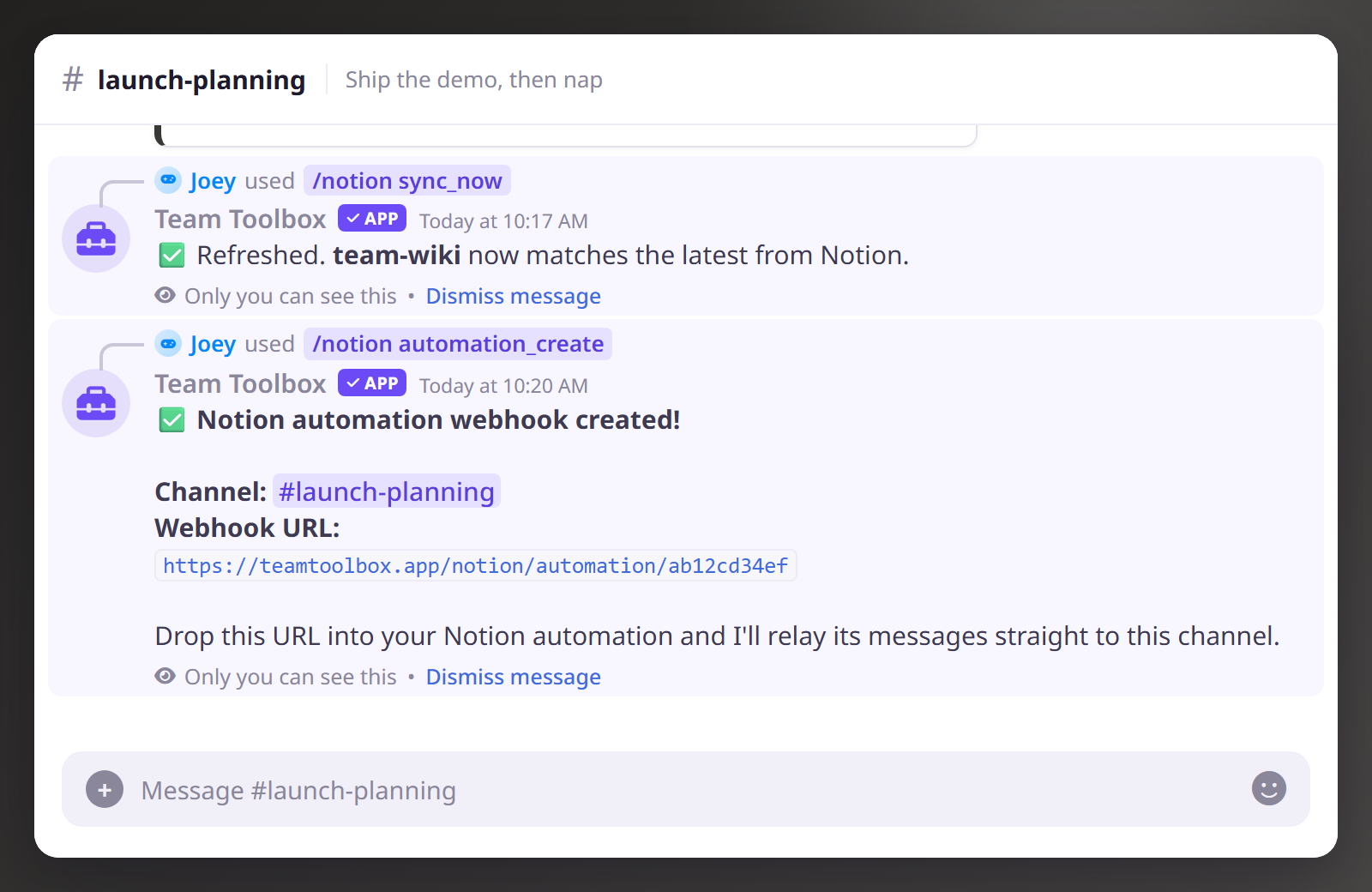 Running /notion automation_create returns an ephemeral message with a webhook URL to paste into a Notion automation.