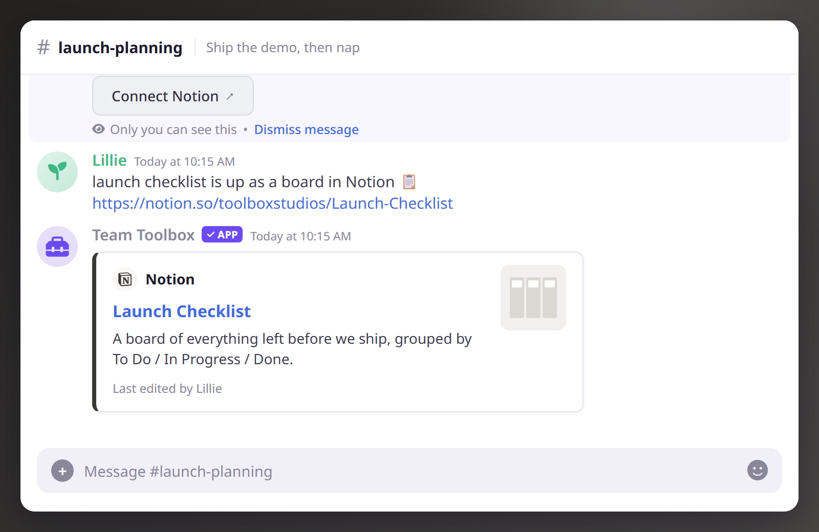 A pasted Notion link unfurls into a rich preview embed in Discord, titled Launch Checklist with a board thumbnail and description.