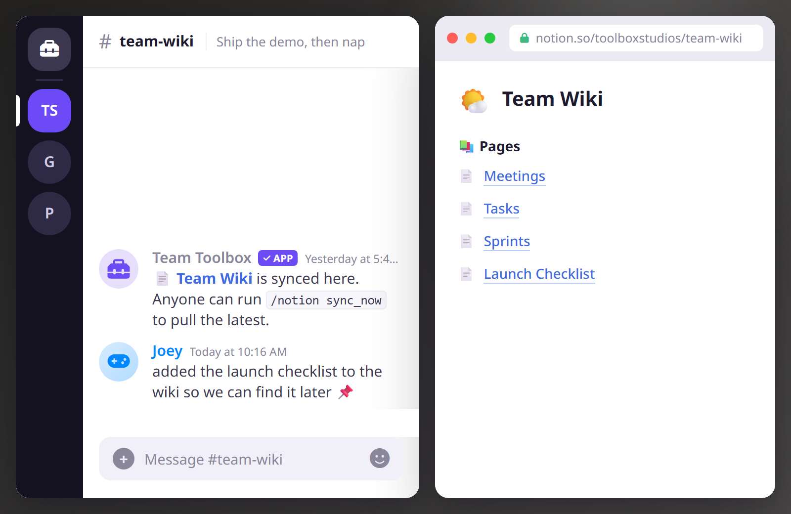 A Discord channel mirroring a Notion team wiki page side by side, kept in sync by Team Toolbox.