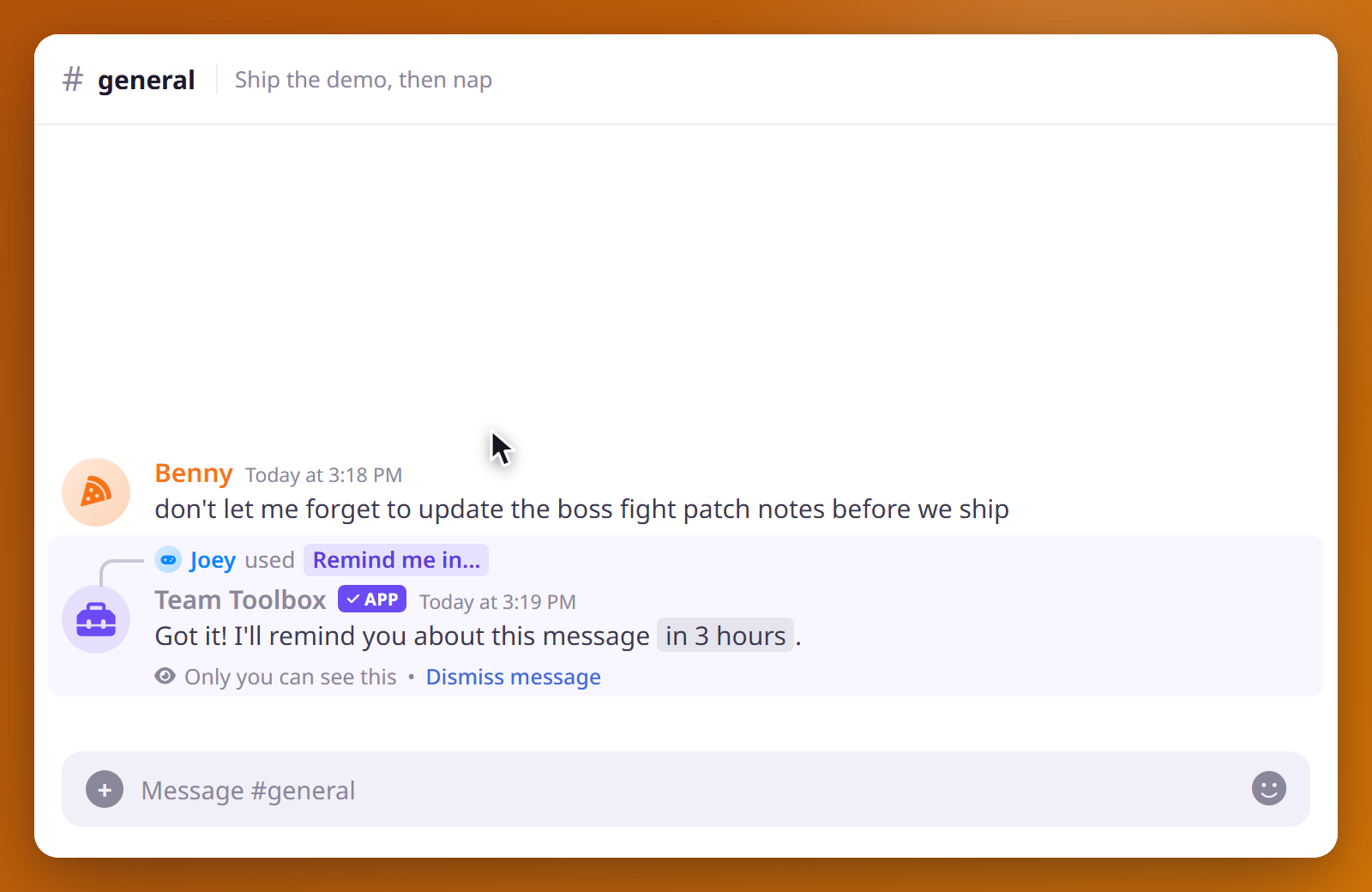 A DM from Team Toolbox reminding you about a message, with a jump link and a Mark Done button.