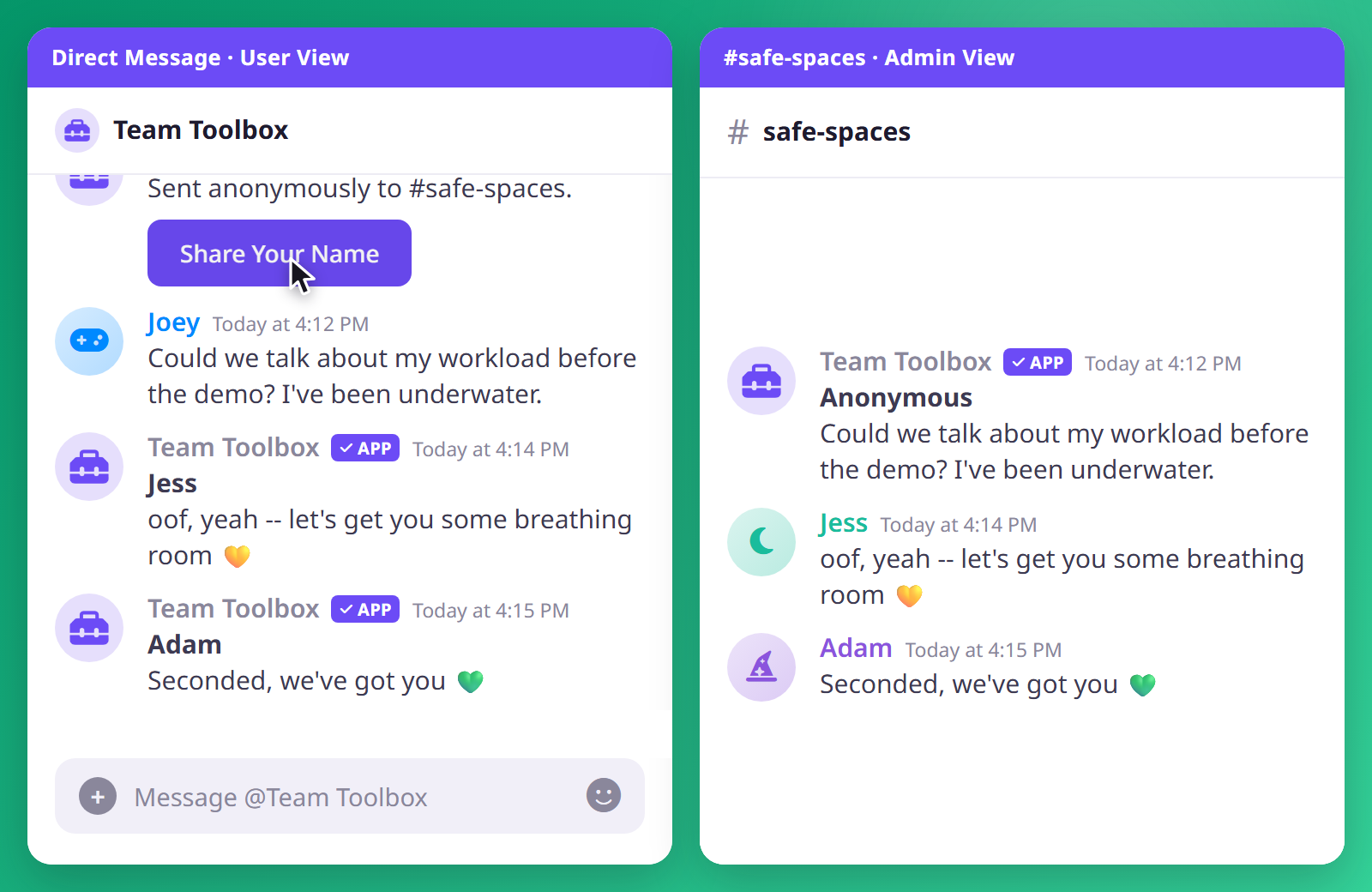 Side-by-side view: the poster's anonymous DM conversation on the left, and the same conversation relayed to the safe-spaces forum thread on the right.