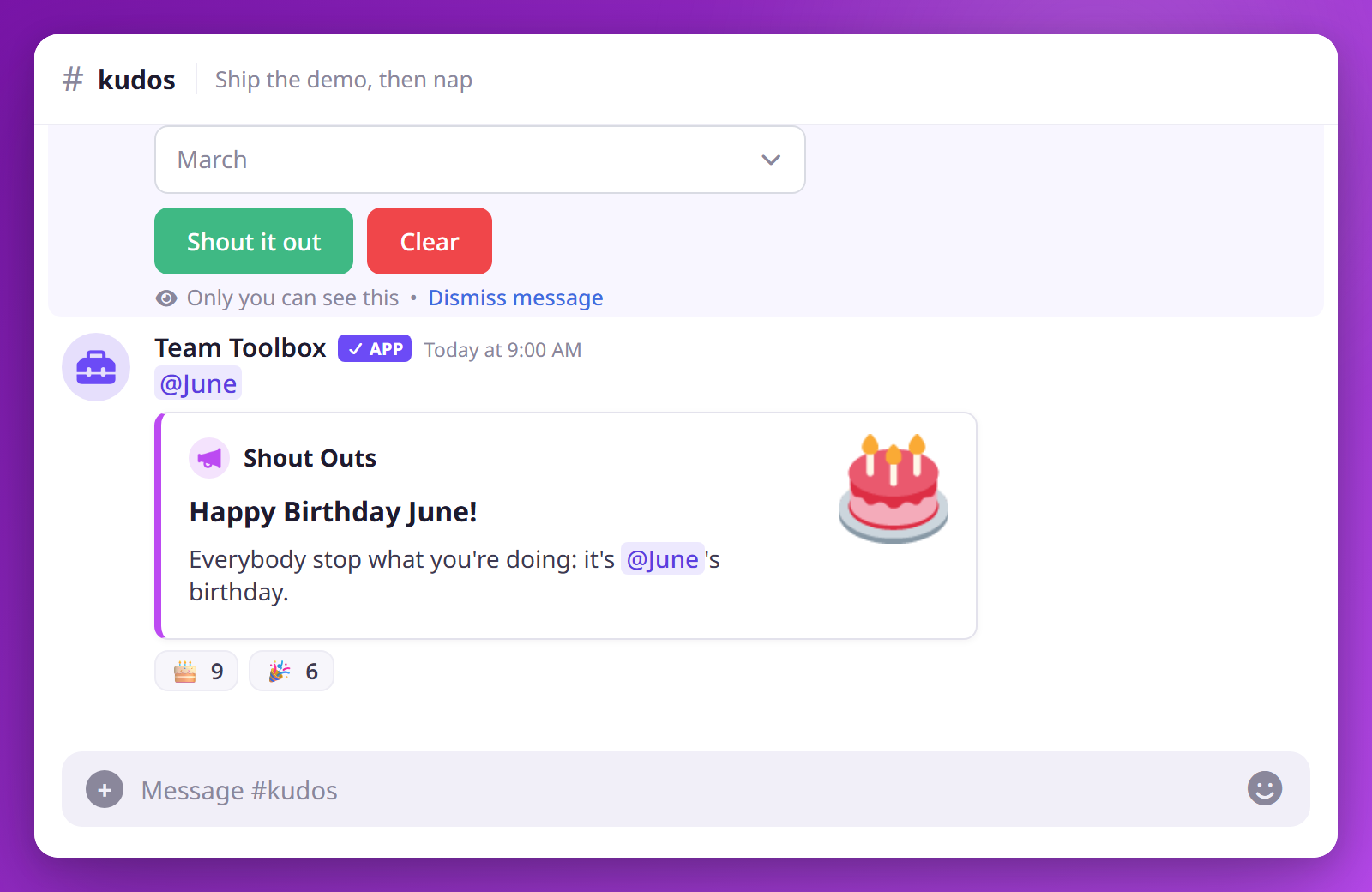 An automatic birthday shout out embed with a cake icon, posted by Team Toolbox.