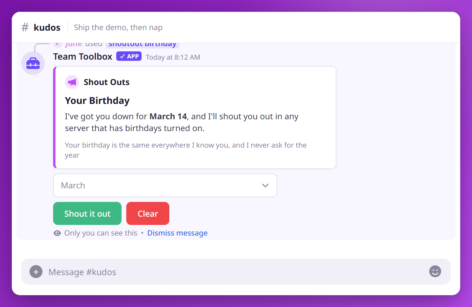 The private birthday panel, with month and day dropdowns and a toggle for whether it gets shouted out.