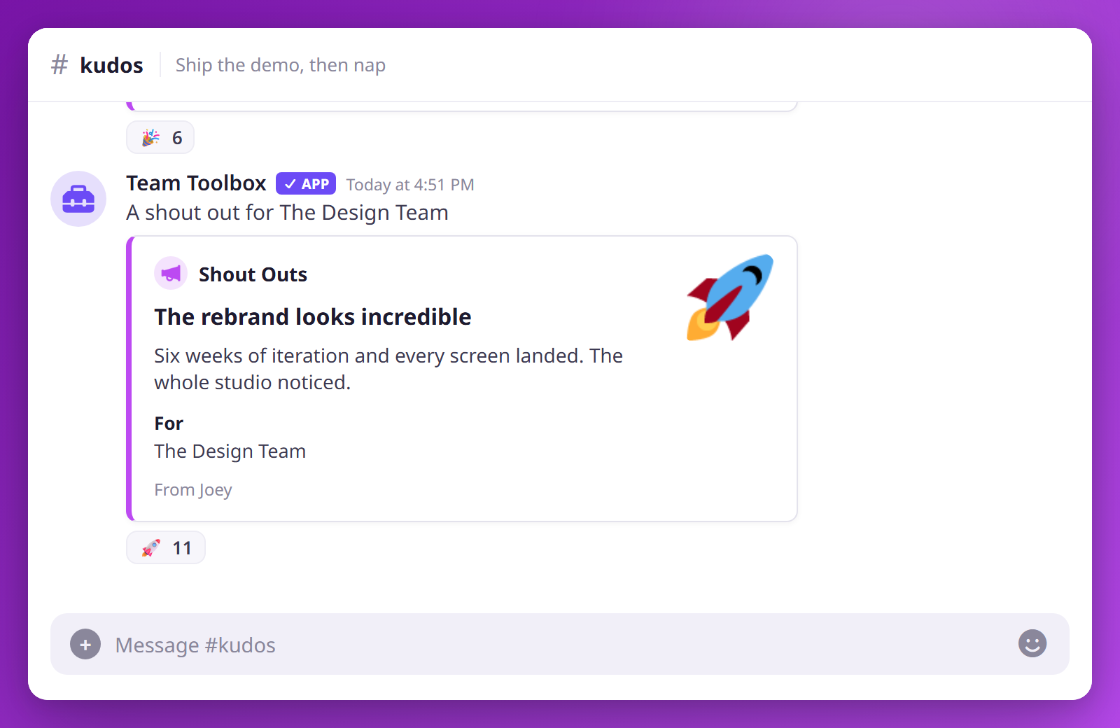A shout out addressed to The Design Team rather than to individual members.