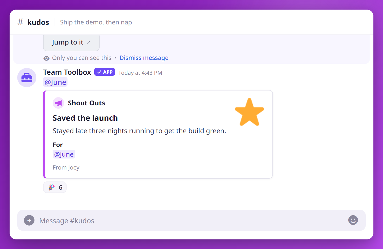 A posted shout out embed in a channel, with a star icon and the recipient and sender named.