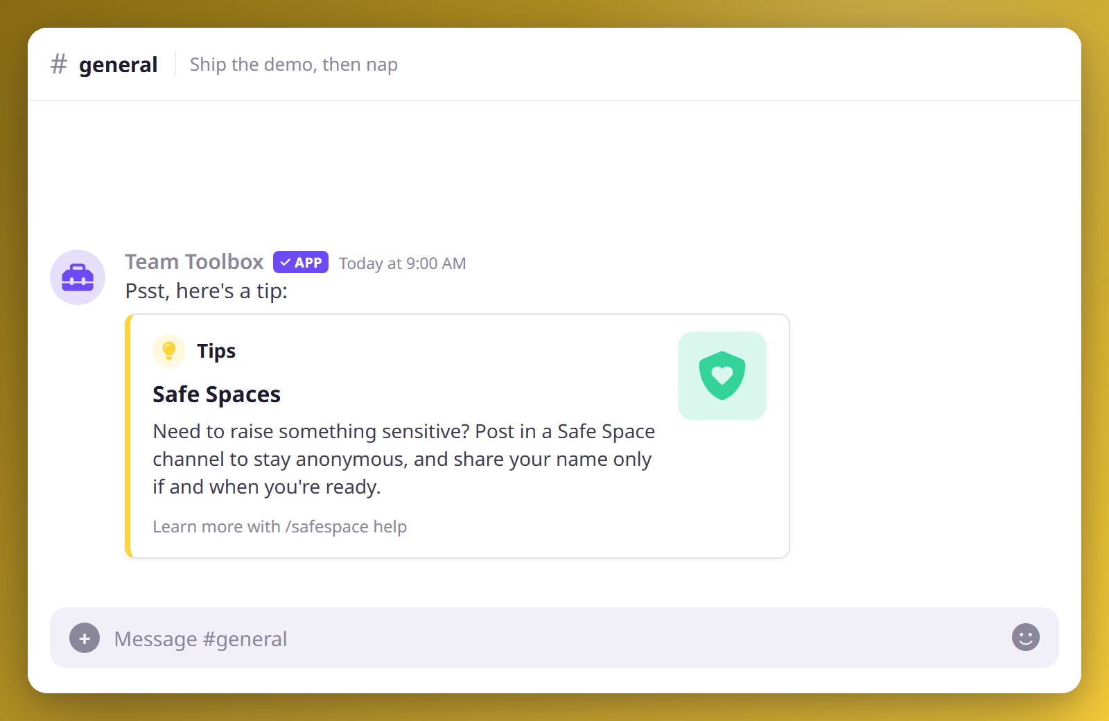 A tip embed posted in a channel, thumbnailed with the Safe Spaces icon and a one-line lead-in.