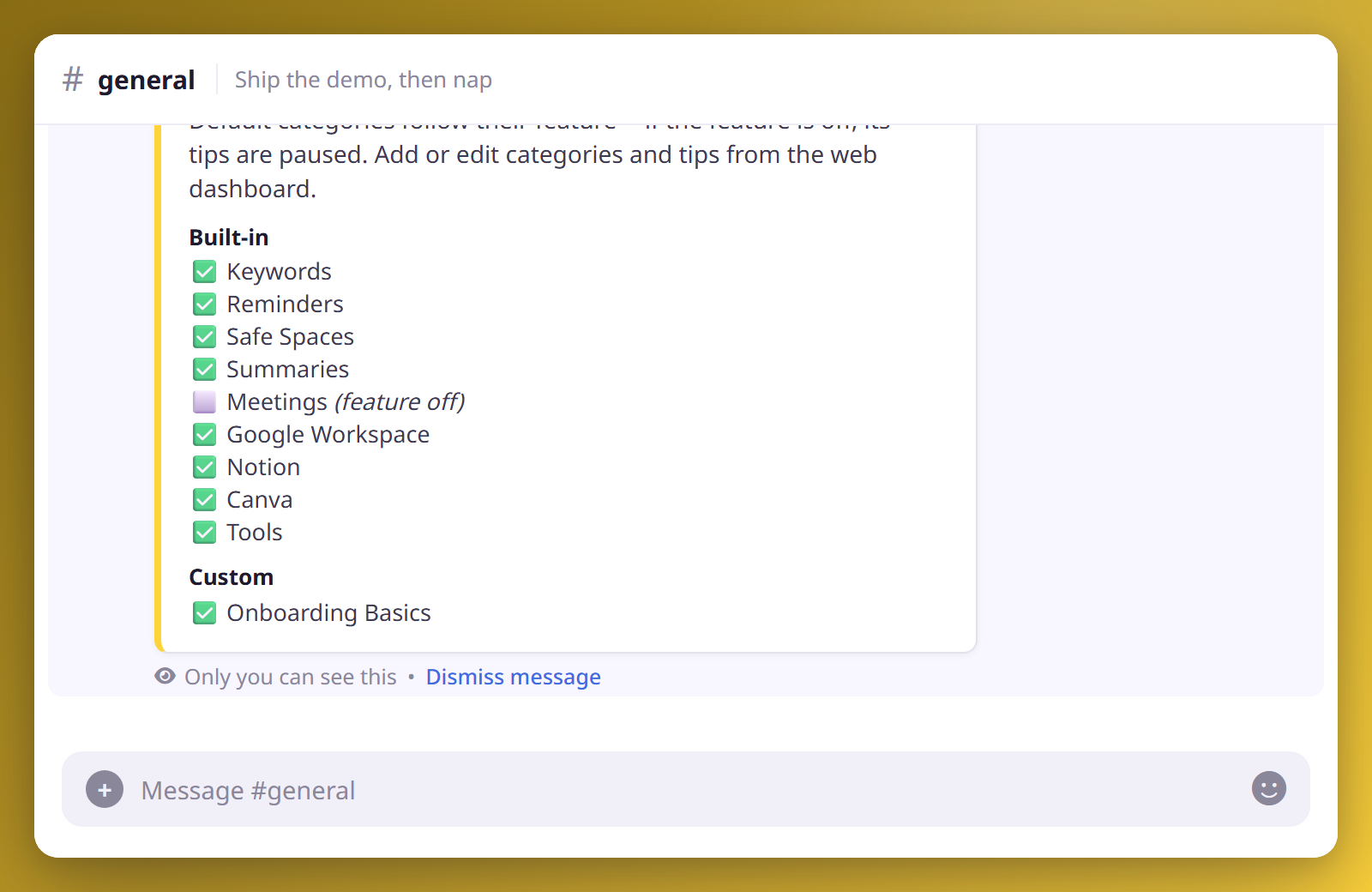 Running /tips categories shows an ephemeral embed listing every built-in and custom category, checked on or off.