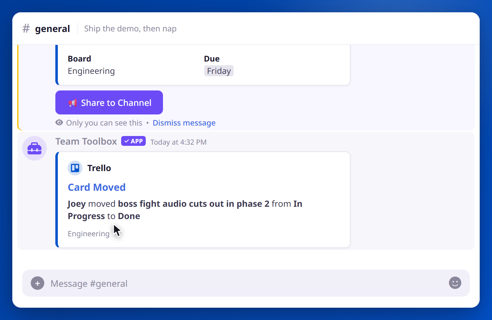 A subscribed channel receives a Card Moved notification when a Trello card changes lists.