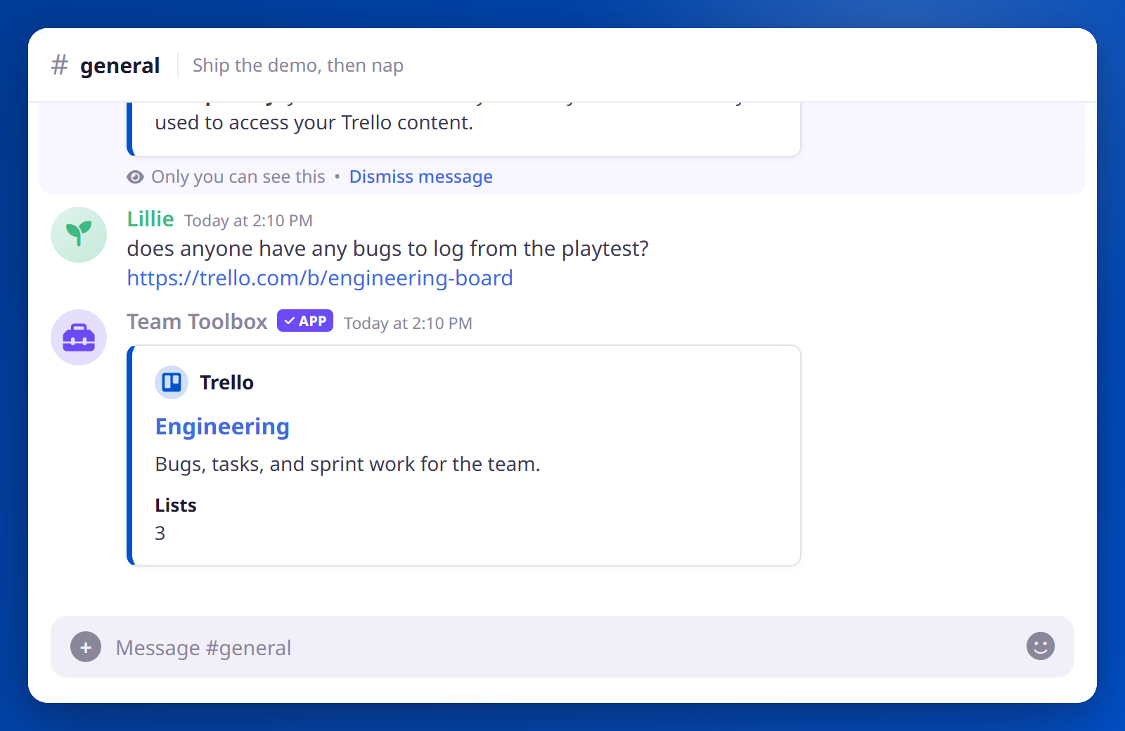 A pasted Trello board link unfurls into a preview embed in Discord showing its description and list count.