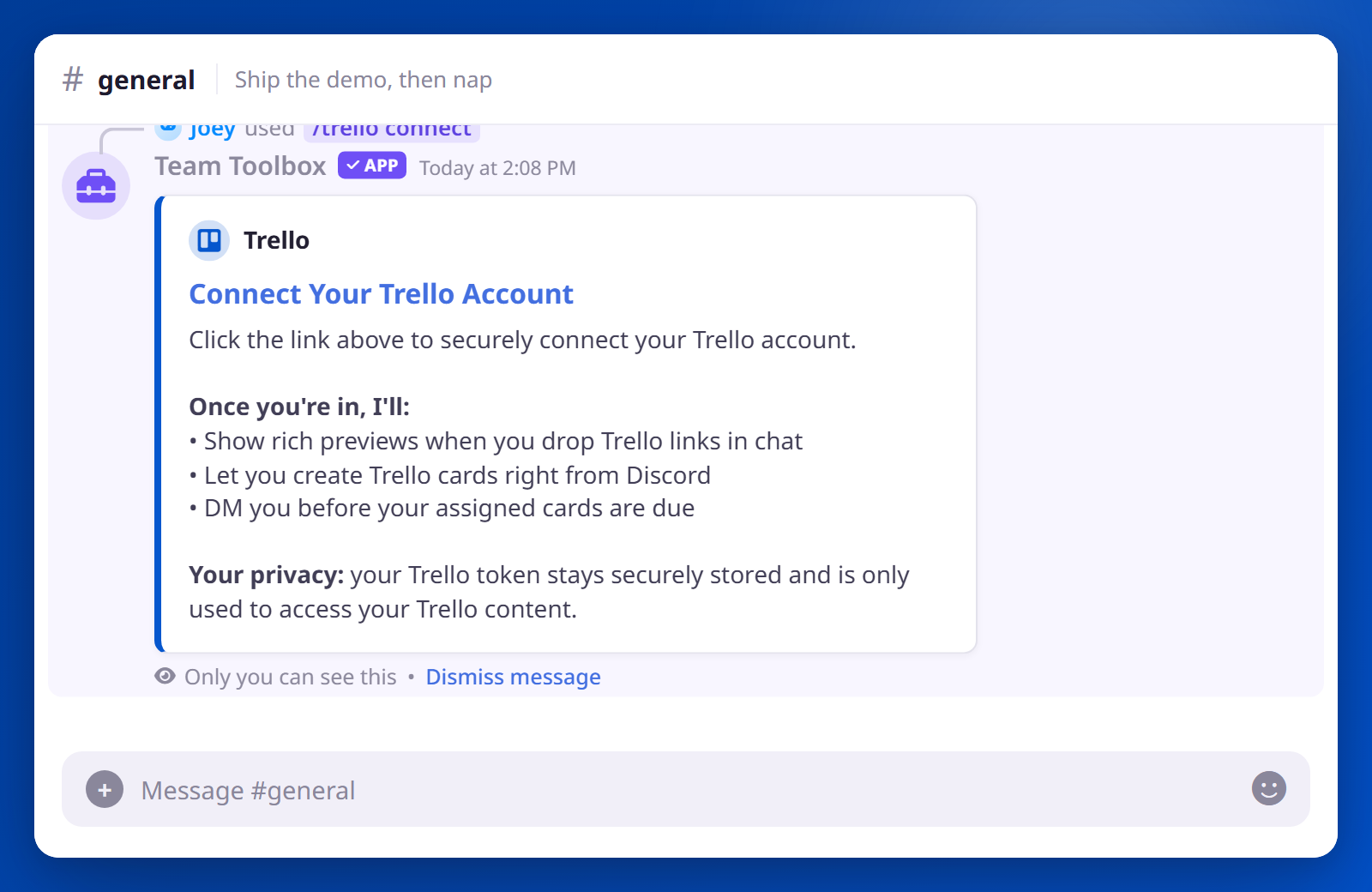 Running /trello connect shows an ephemeral 'Connect Your Trello Account' embed whose title links to the authorization page.