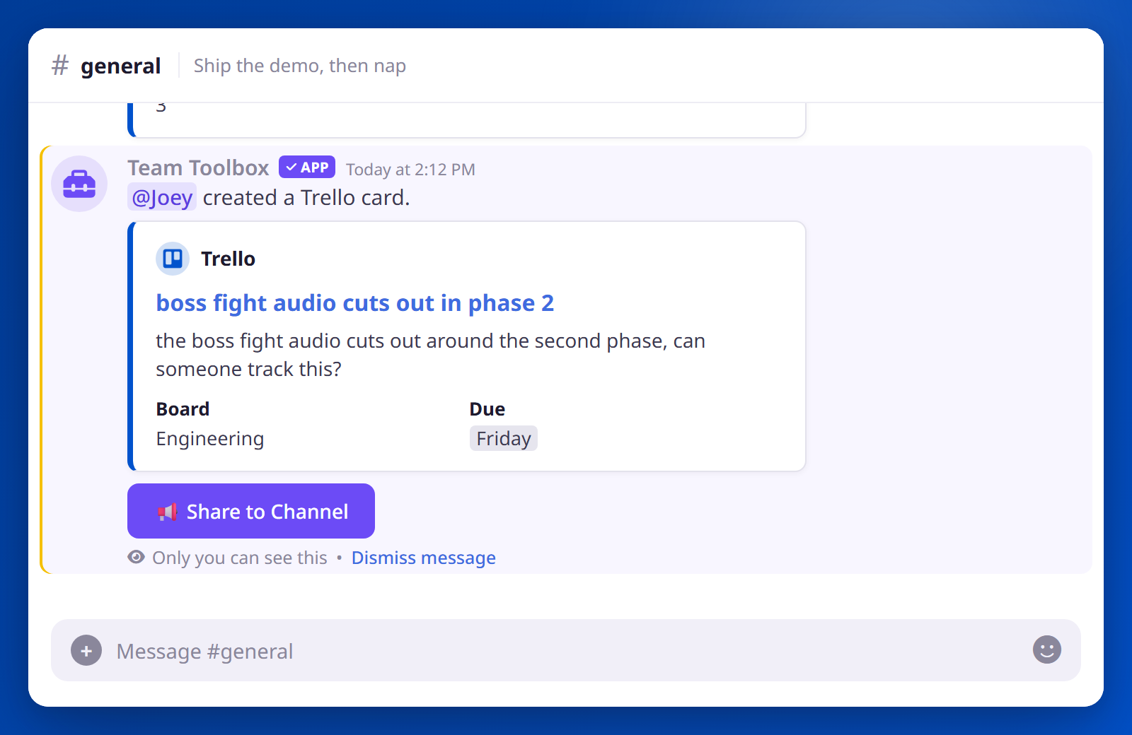 After filling in the create-card modal, Team Toolbox posts the new Trello card with a Share to Channel button.
