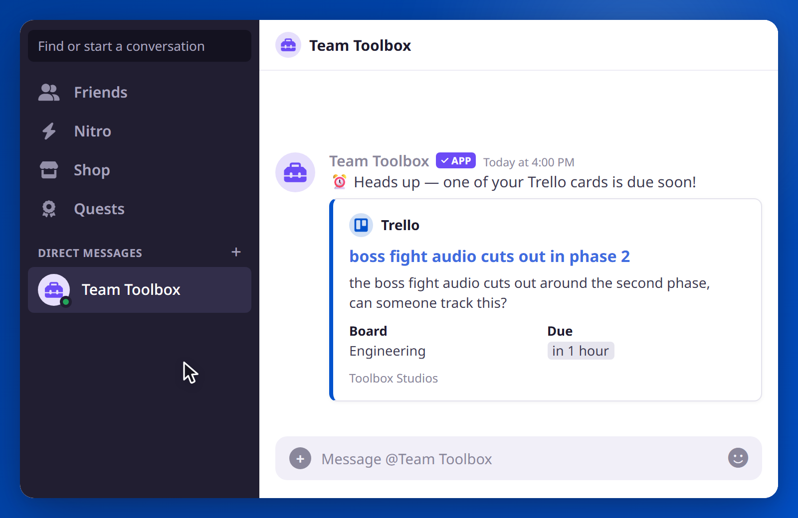 A DM from Team Toolbox warning that a Trello card is due soon, with the card's board and due date.